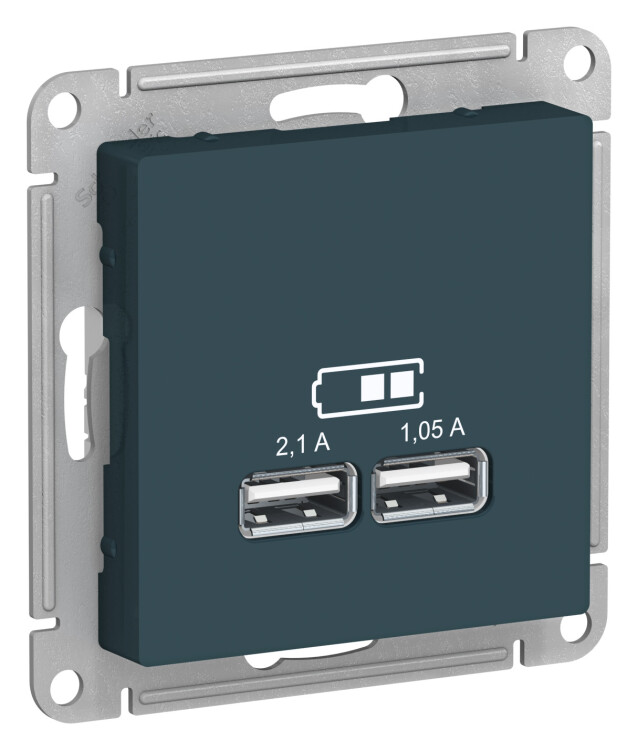 Розетка USB-зарядное устр-во 2-я, 2100мА, изумруд  ATLAS DESIGN
