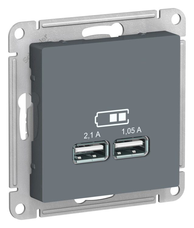 Розетка USB-зарядное устр-во 2-я, 2100мА, грифель  ATLAS DESIGN
