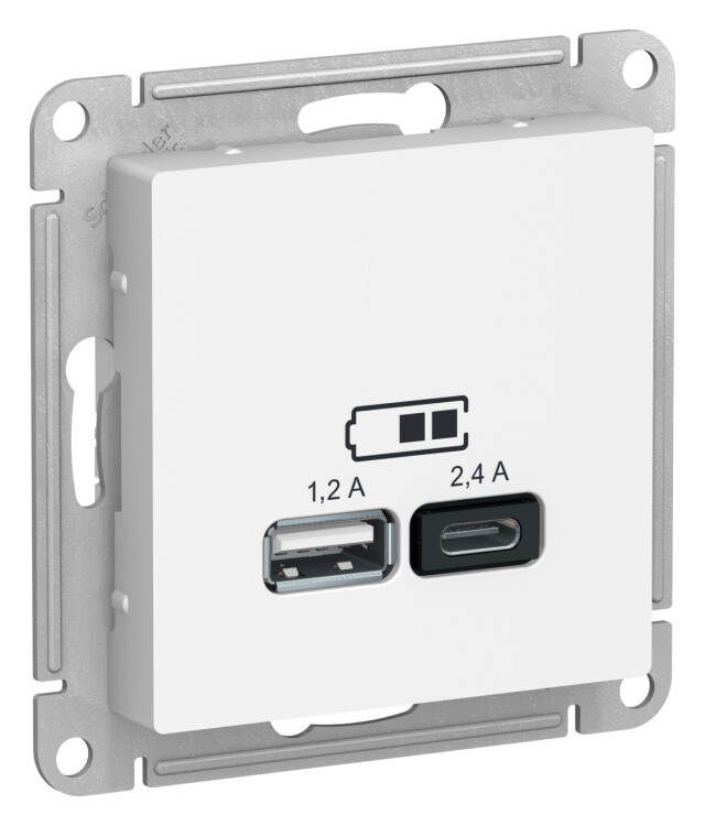 Розетка USB-A 1,2А + USB-C 1,2А, Белый, ATLAS DESIGN