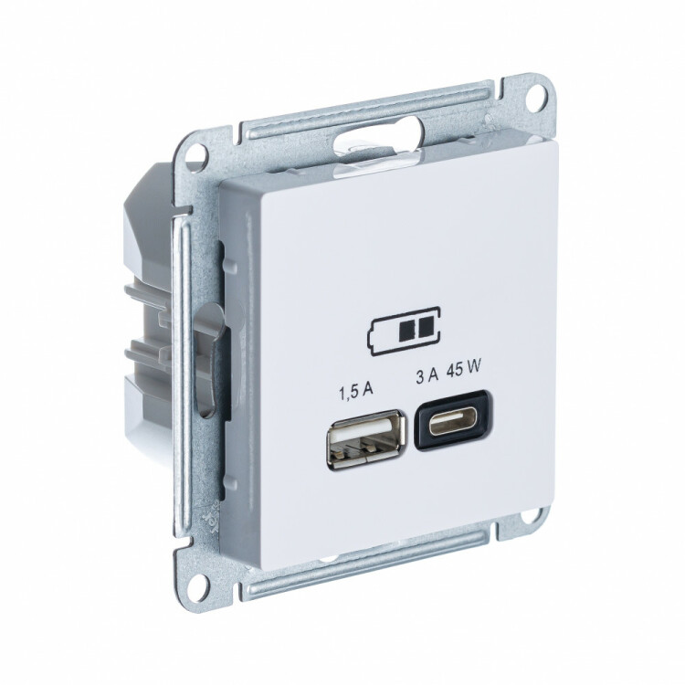 Розетка USB-A + C 45W высокоскор.заряд. QC, PD, белый ATLAS DESIGN