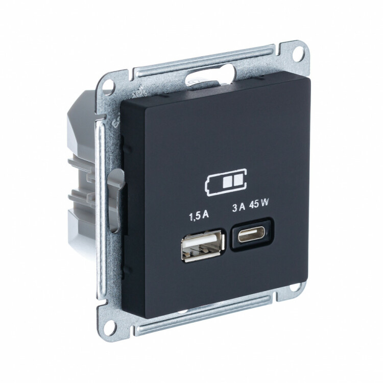 Розетка USB-A + USB-C 45W высокоскор.заряд. QC, PD, карбон  ATLAS DESIGN