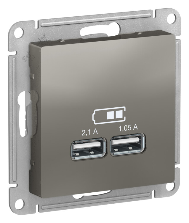 Розетка USB-зарядное устр-во 2-я, 2100мА, сталь  ATLAS DESIGN