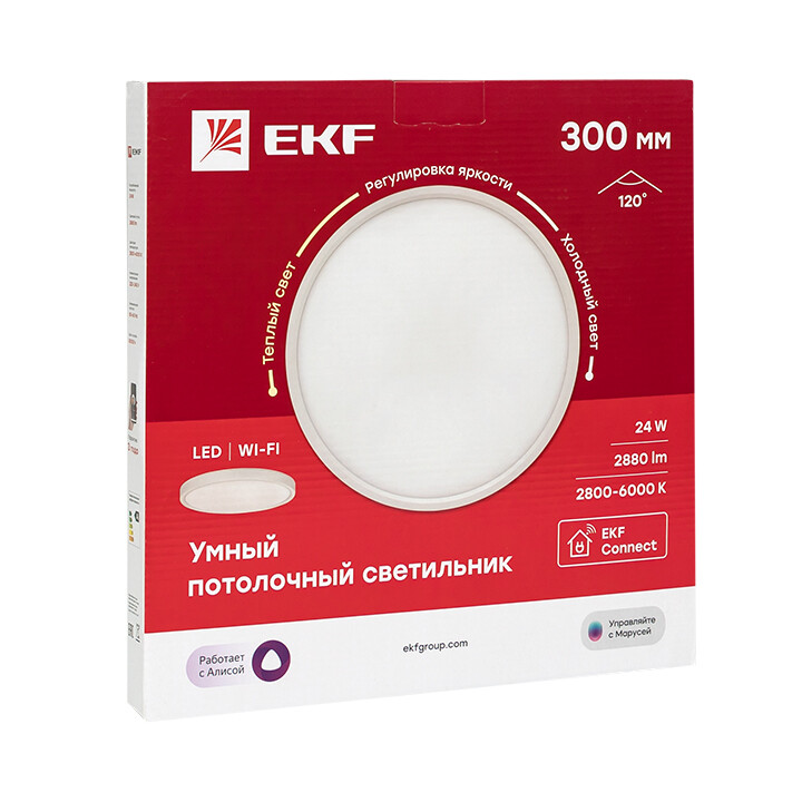 Светильник потолочный умный Wi-Fi 300мм 24W 2800-6000K EKF Connect